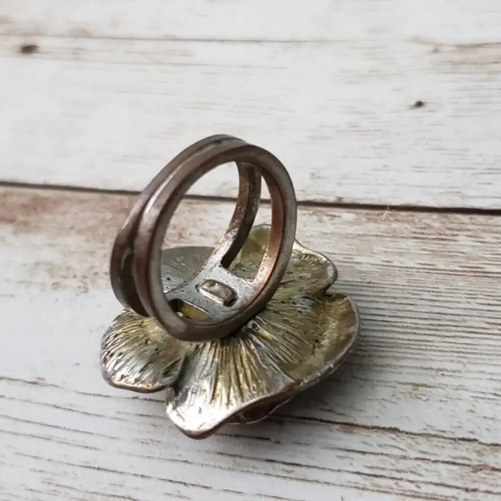 Vintage Ring - Large Flower with Faux Pearl Center Statement Adjustable Size